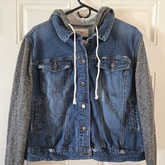 Mossimo Supply Co Denim Jean Jacket Hoodie XXL Blue Gray Knit Sleeves Casual - Picture 2 of 10